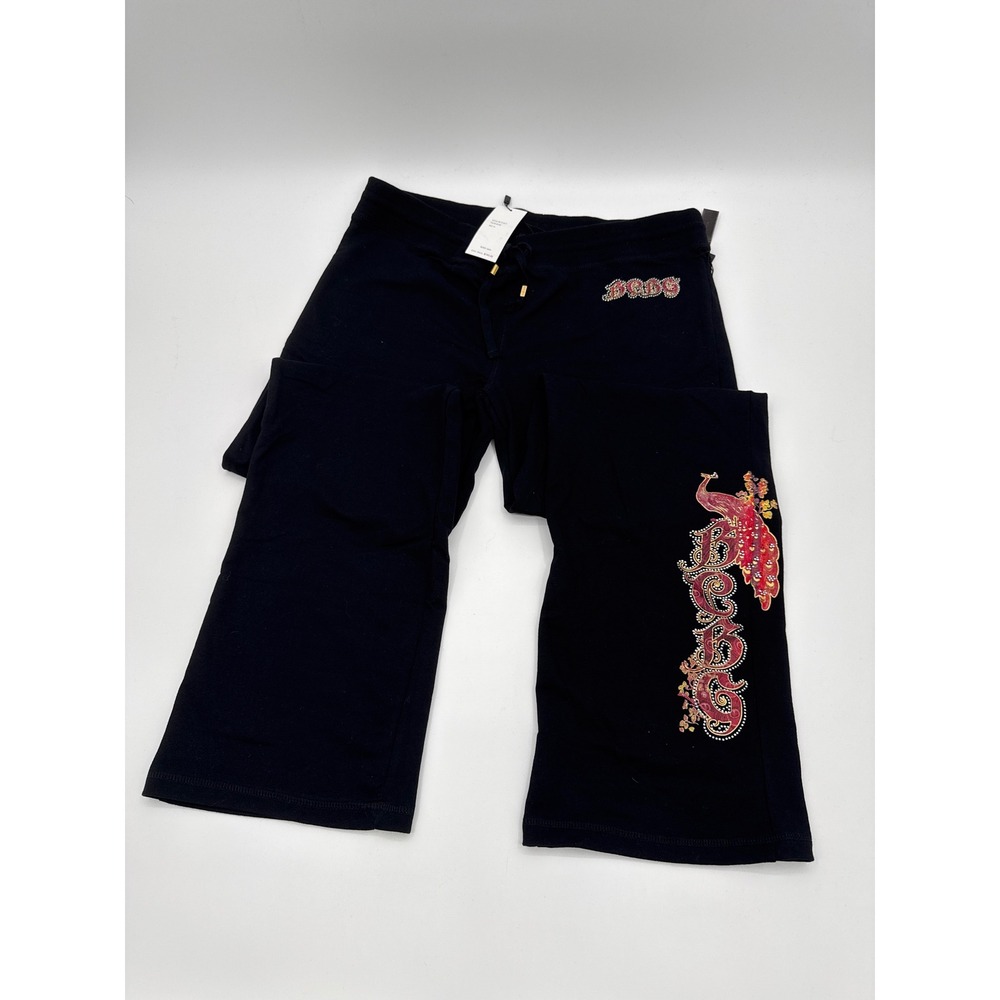 BCBG Womens Black Rhinestone Peacock Logo Lounge Pants Y2K Wide Leg XL NEW